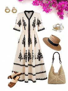 Ellevyn Đầm babydoll chữ A cổ chữ V thắt eo họa tiết hoa dành cho nữ, thích hợp cho kỳ nghỉ hè phong cách boho, trang phục mùa hè thanh lịch cho nữ, trang phục mùa hè phong cách boho. - Màu be - Xem 7
