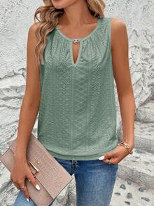 EMERY ROSE Áo nữ cổ khoét lỗ, cắt laser và thêu, kiểu dáng thường ngày đa năng. - màu xanh lá - Xem 4