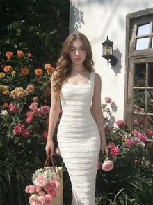 SHEIN MOD Vestido con lazo en la espalda abierta y textura color albaricoque - Albaricoque - Ver 2