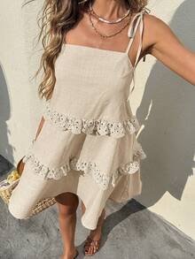 SHEIN Frenchy 女士休闲简约蕾丝边吊带短裙，适合度假 - 杏色 - 查看 5