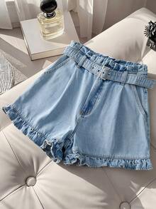 Quần short denim nữ có viền bèo nhún, thích hợp cho mùa hè. - Rửa nhẹ - Xem 3