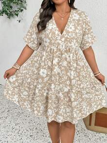 SHEIN Frenchy 大码女式V领短袖休闲度假印花连衣裙，夏季女装，飘逸连衣裙 - 卡其色 - 查看 2