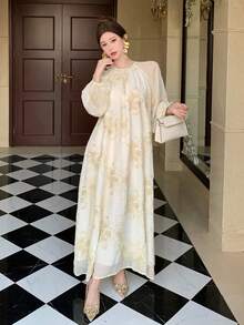 DAZY Women's Floral Pattern Raglan Sleeve Elegant Dress - Beige - View 6