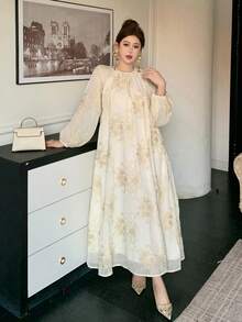 DAZY Women's Floral Pattern Raglan Sleeve Elegant Dress - Beige - View 7