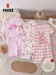 Conjunto de pijama de 3 piezas para niña con estampado floral morado y estampado de helado, de manga corta y pantalón corto - Multicolor - Ver 2