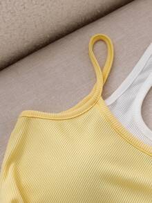 Tops,Summer Tops,Tank Top,Tween Girls Sleeveless Vest, Casual Minimalist All-Match Versatile, Suitable For Daily Outings, Travel, And School Wear Yellow Tank Top Layered Tank Top Ribbed Yellow Camisole - Multicolor - View 4