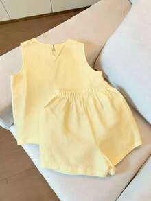Resyla Bộ đồ 2 món dành cho nữ: áo tank top không tay cổ tròn và quần short, thích hợp cho mùa xuân/hè. - Vàng nhạt - Xem 2