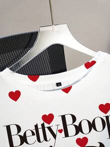 Betty Boop x SHEIN Áo thun tay ngắn cổ tròn in họa tiết tối giản cỡ lớn - trắng - Xem 3