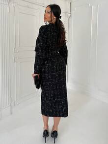 Shopreo 2 件格子短款夹克和裙子，休闲秋季套装 - 黑色 - 查看 2