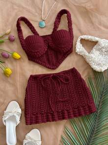 Soleia Bộ đồ hai mảnh gồm áo hai dây croptop móc len gợi cảm và chân váy cạp thấp, thích hợp cho lễ hội âm nhạc, phong cách bohemian, kỳ nghỉ, hẹn hò, tiệc trà chiều. - Màu Đỏ Sâu - Xem 6