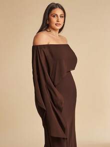 SHEIN BAE 大码女士棕色露肩飘逸长裙 - 鏽棕色 - 查看 6