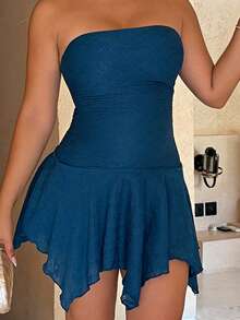 Maria Perezxox Y2K 性感不对称下摆纹理面料抹胸连衣裙 - 藍色 - 查看 6