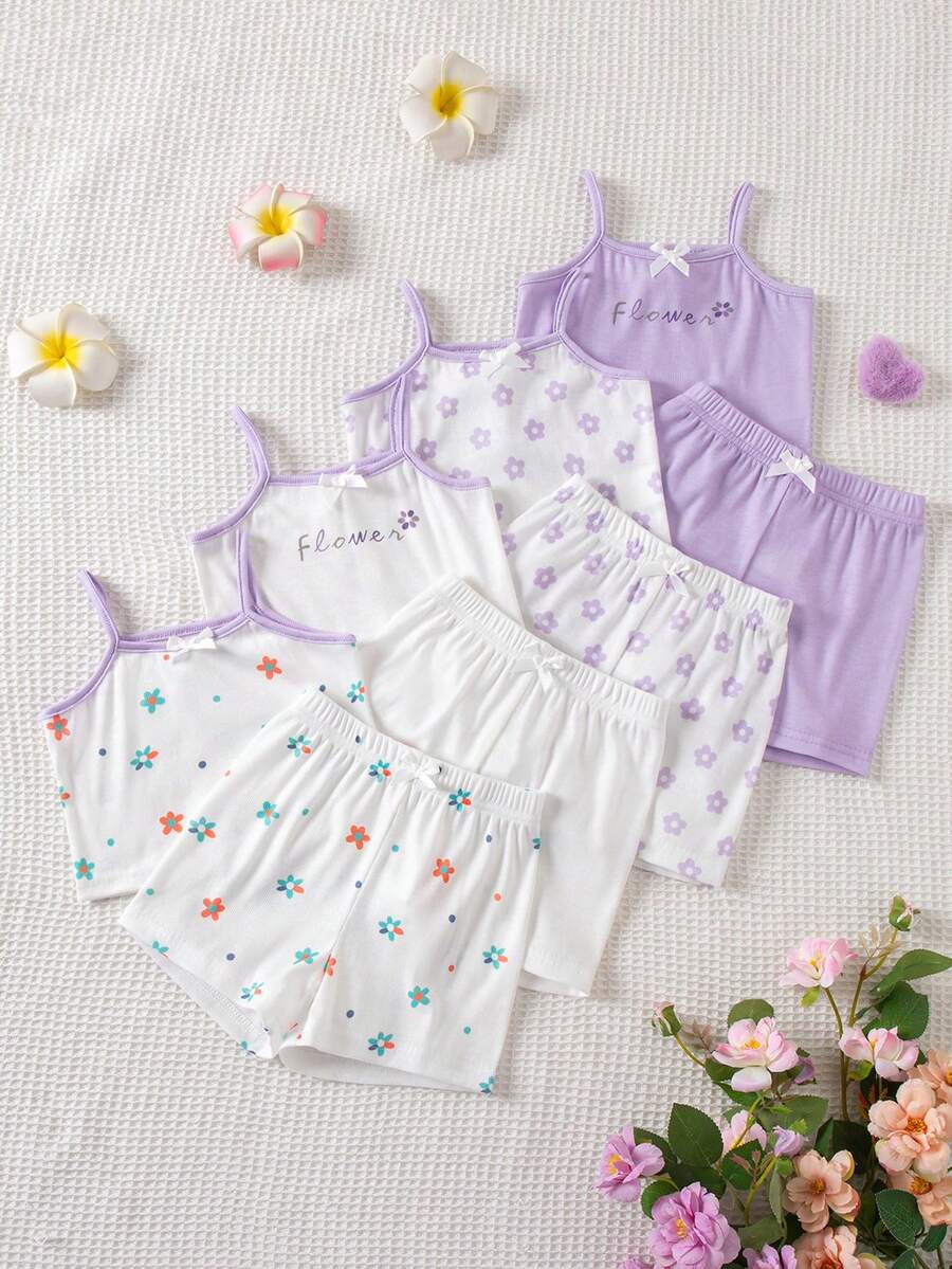 SHEIN Playful Pals 8件套女婴幼儿/新生儿0-3岁春夏休闲可爱罗纹针织吊带背心和短裤套装，日常穿着 - 淡紫色 - 查看 1