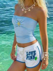 Sundraya 女士度假风金属海星装饰褶皱修身抹胸上衣 - 淺藍色 - 查看 5