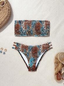 Swim Vcay 2026春夏女士露背碎花吊带性感比基尼套装，随机花朵图案侧高衩泳衣 - 彩色 - 查看 2