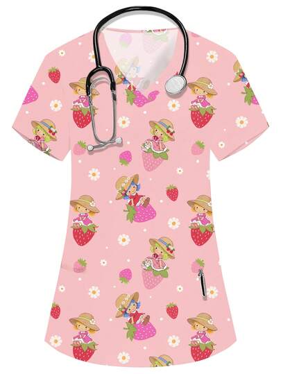 PopScrub Áo sơ mi nữ màu hồng cổ chữ V tay ngắn với họa tiết bé gái dễ thương, dâu tây và các họa tiết hoa khác, phù hợp cho y tá, bác sĩ, người chăm sóc thú cưng, chuyên gia dinh dưỡng, nhân viên phòng thí nghiệm, áo đồng phục nhiều túi tiện dụng, trang phục lễ hội đáng yêu.