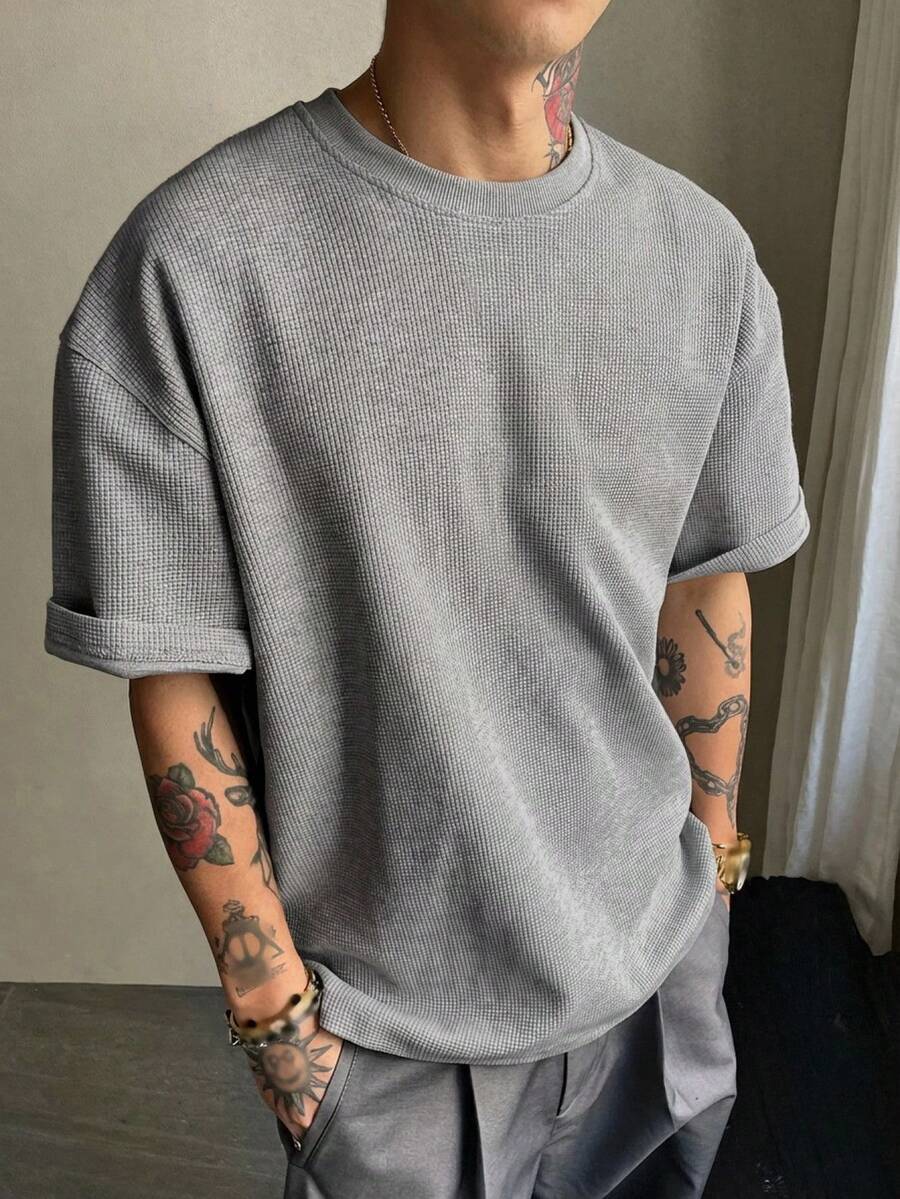 DAZY 男士圆领纯灰色纹理面料T恤，夏季款 - 灰色 - 查看 1