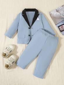 2pcs Baby Boy Blue Summer Elegant Wedding Formal Suit Set,Contrast Collar Faux Pocket Jacket&Elastic Waist Pants For 6 Months-3 Years Old Performance - Dusty Blue - View 4