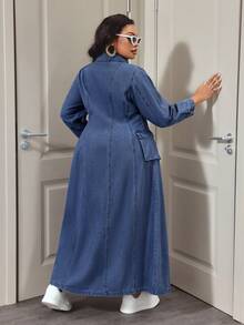 Slaydiva Plus Size Casual Commuter Front Zipper Split Denim Dress - Dark Wash - View 2