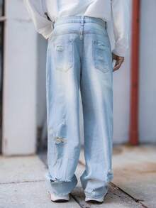 BelSigned BelSigned 1pc Hearty Haven Distressed American Street Style Loose Fit Wide Leg Washed Denim Jeans For Men (No Belt & Accessories) - Blue - View 2