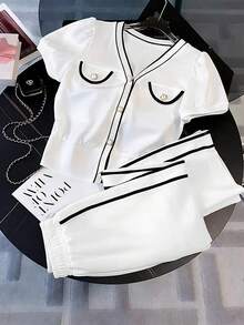 GlowEve Women's Summer Sporty Casual Contrast Color Webbing Multifunctional Fashion High-End Sports Set, 2 Pieces - White - View 3