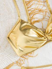 SHEIN Swim SXY Women's Metallic Pleated Sexy Backless Hollow-Out Swimsuit Set, Vacation Beach Resort Style, Spring/Summer - Gold - View 6