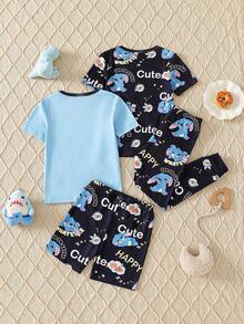 男童贴身睡衣套装，短袖上衣搭配短裤/长裤，印有可爱的兔子、字母、饼干、披萨图案，面料柔软舒适，是流行的睡衣和家居服。 - 彩色 - 查看 2