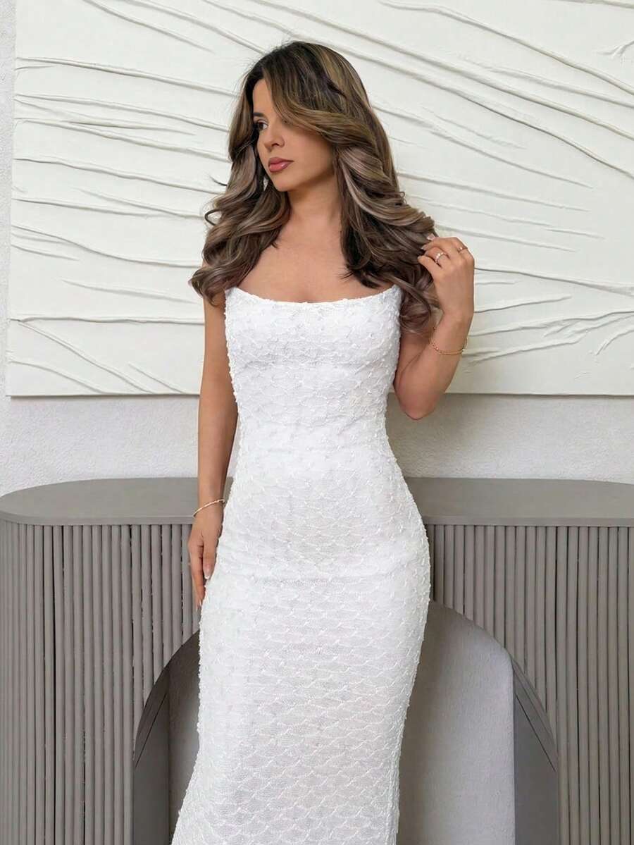 Jemour Đầm dài dáng ôm màu mơ thanh lịch, lãng mạn, cổ chữ V, dây mảnh, chất liệu có họa tiết, thích hợp cho ngày Valentine và mùa cưới, mùa xuân/hè, đầm ôm sát, trang phục phong cách boho cho nữ dự tiệc - trắng - Xem 1