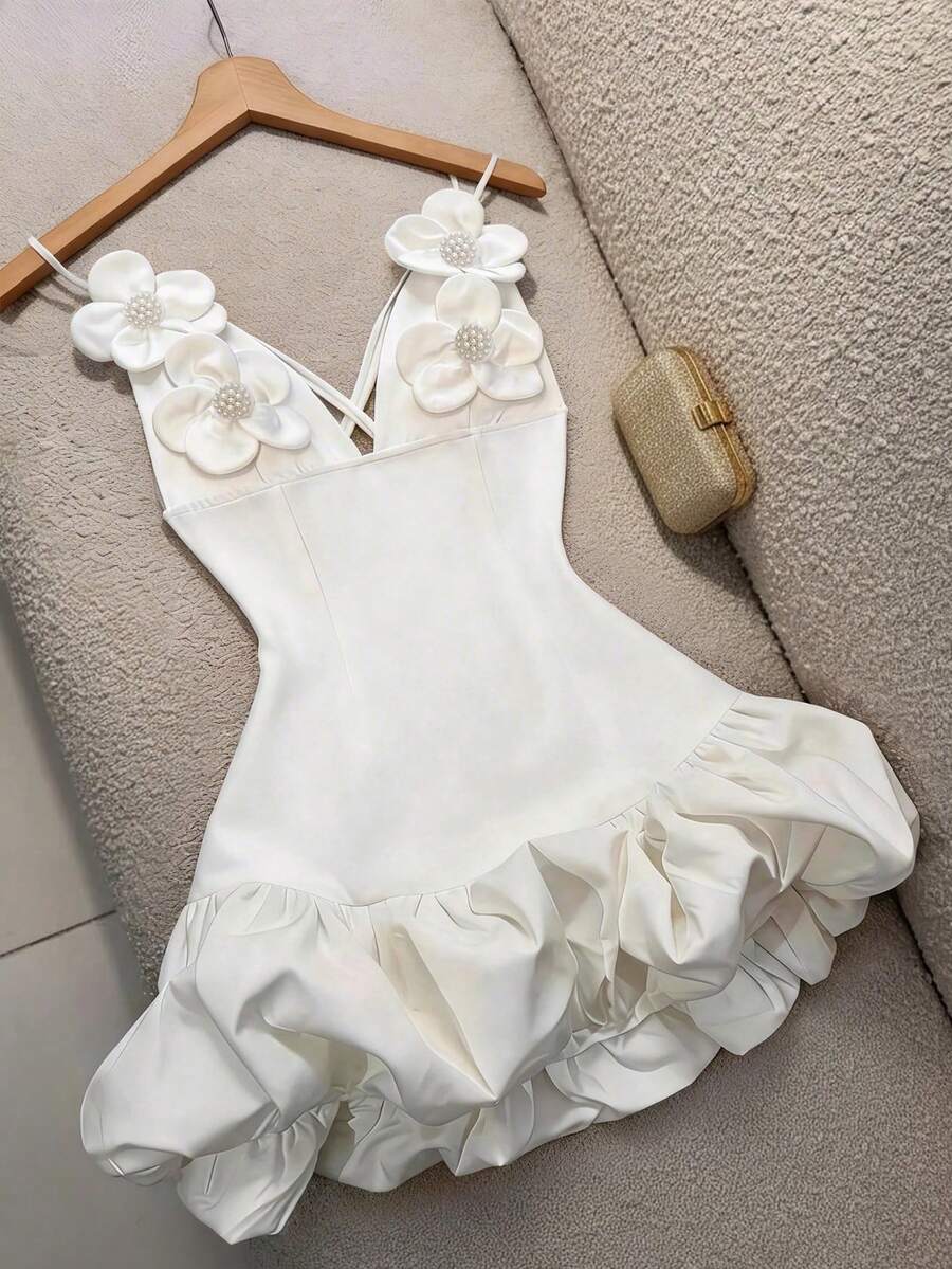 GlowEve 白色泡泡裙珍珠立体花朵优雅女士短裙 - 白色 - 查看 1