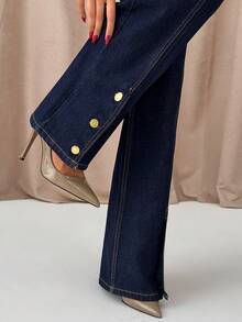SHEIN High Waist Straight Leg Denim Jeans With Gold Button Hem - Dark Wash - View 6