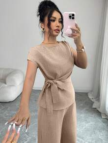 Elenzga Áo sơ mi nữ thanh lịch, màu xanh dương, xếp ly, eo điều chỉnh được, thắt nơ + Quần ống rộng, cạp cao, có túi, thanh lịch, phù hợp cho công sở - Màu Khaki - Xem 4