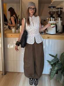 MainGRL 白色女士纯色褶皱休闲百搭通勤短袖衬衫夏季度假上衣 - 白色 - 查看 2