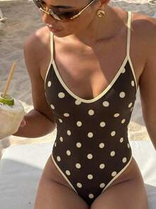 Aloruh 女士新款波点泳衣，棕黄波点连体泳衣，性感深V优雅泳装，女士沙滩装，女士度假装 - 彩色 - 查看 4