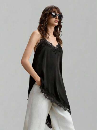 Ontre Blusa larga de satén negro con encaje, de tela elástica y cómoda, con dobladillo asimétrico y tirantes de espagueti. Atuendo casual y elegante para oficina, invitados de boda, fiestas navideñas y de Año Nuevo