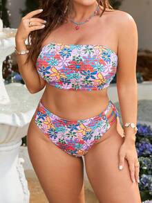 Swim Mod Plus Size Women 2pcs Printed Spaghetti Strap Triangle Bikini Swimwear - Multicolor - View 6