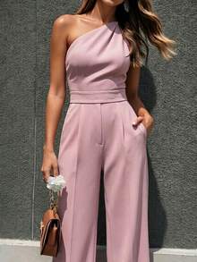 Women's Oblique Shoulder Ruched Wide Leg Pants With Pockets, Practical Commuting Jumpsuit For Spring/Summer - Pink - View 1