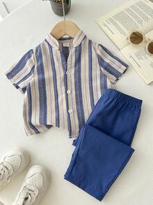 LMoss Kids Baby Boy Striped Single-Breasted Short Sleeve Top And Elastic Waist Pants Casual Daily Outfit - Multicolor - View 4