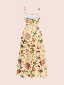 ROMWE Fairycore Đầm nữ dáng chữ A cổ chữ V xếp ly họa tiết cây cọ, phong cách hippie, thích hợp cho kỳ nghỉ. - Màu Khaki - Xem 2