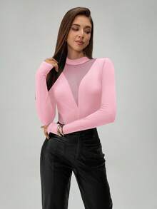 Almamuse Petite Women's Fashion Sheer Mesh Patchwork Long Sleeve Hollow Out Bodysuit Pink Bodysuit - Pink - View 6