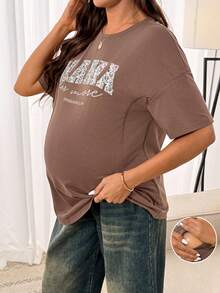 SHEIN Áo thun ngắn tay cổ tròn in chữ dành cho bà bầu - màu nâu - Xem 3