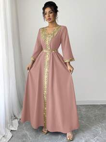 Elenzga Đầm nữ thanh lịch với tua rua và đính sequin, kiểu dáng chắp vá. - Màu Cam san hô - Xem 4