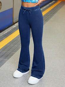 SHEIN Teen Girl Fashion Casual Y2k Vintage Cool Street Dark Blue Knitted Denim Stretch Tight Flared Pants Dailywear Spring To Summer Rave Festival And Streetwear Festival - Blue - View 3