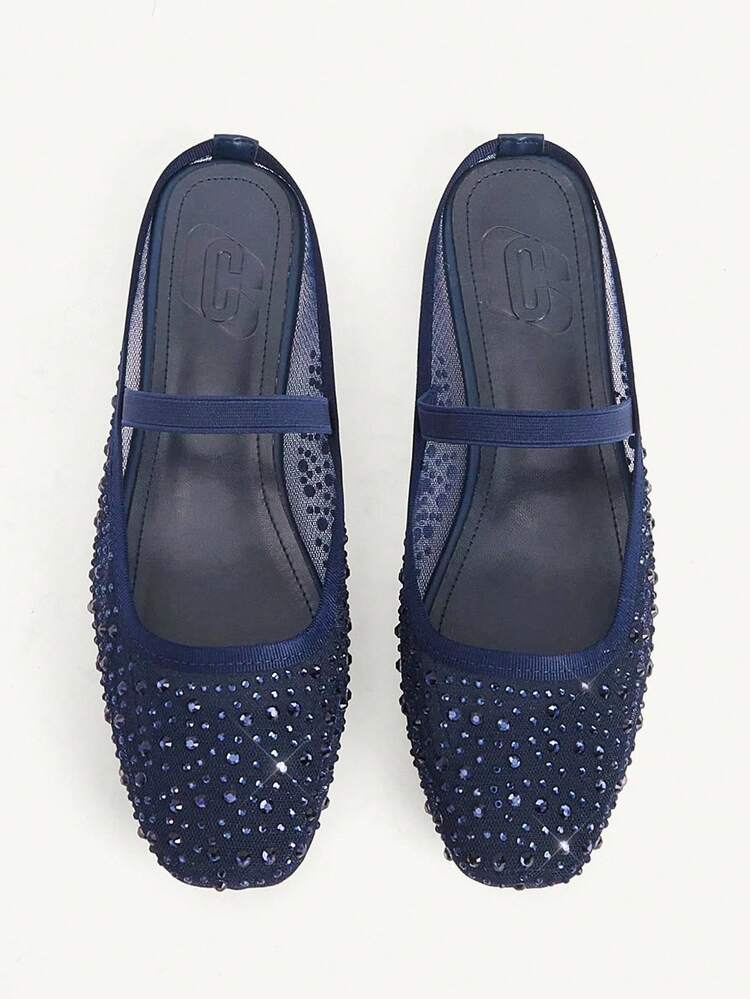 CUCCOO CHICEST Women Shoes Spring And Summer Fashion Dark Blue Full Diamond Mesh Elastic Band Women's Flat Mule Shoes Elegant When Comfortable And Cute Sweet Women's Flat Shoes Half Slippers