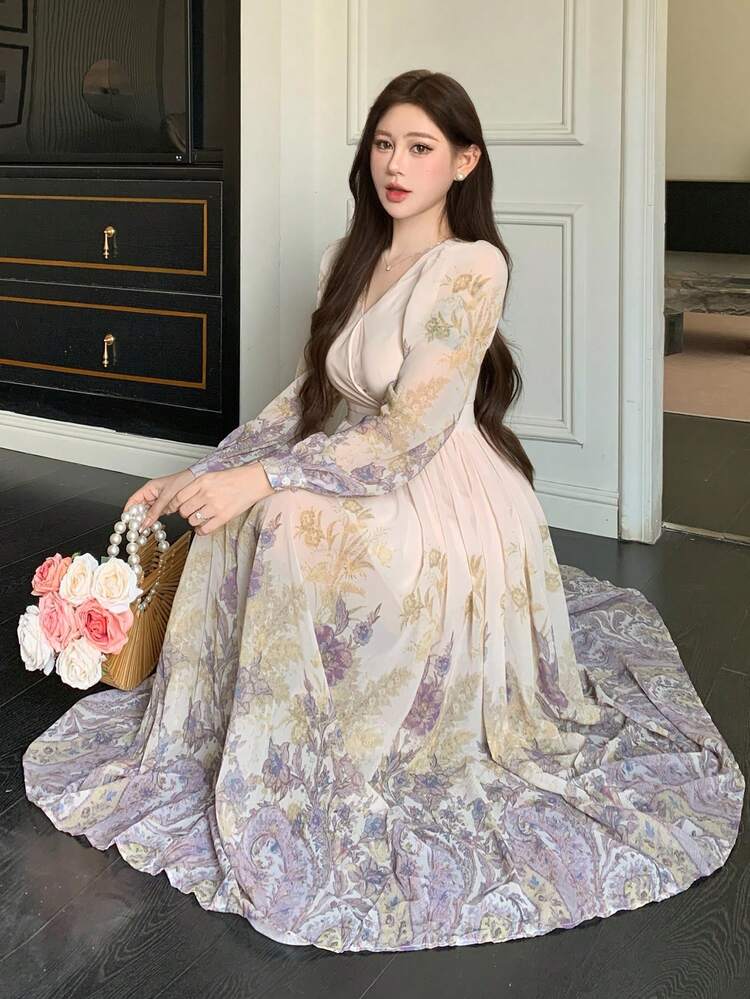 Women's Floral Pattern V-Neck Long Sleeve Elegant Dress