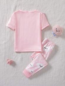 SHEIN 女童可爱休闲粉色云朵、星星、月亮格子印花短袖上衣和打底裤两件套睡衣 - 粉色 - 查看 2