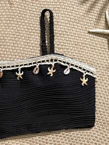 SHEIN 少女夏季度假贝壳装饰比基尼套装，含罩衫和裙子 - 黑色 - 查看 5