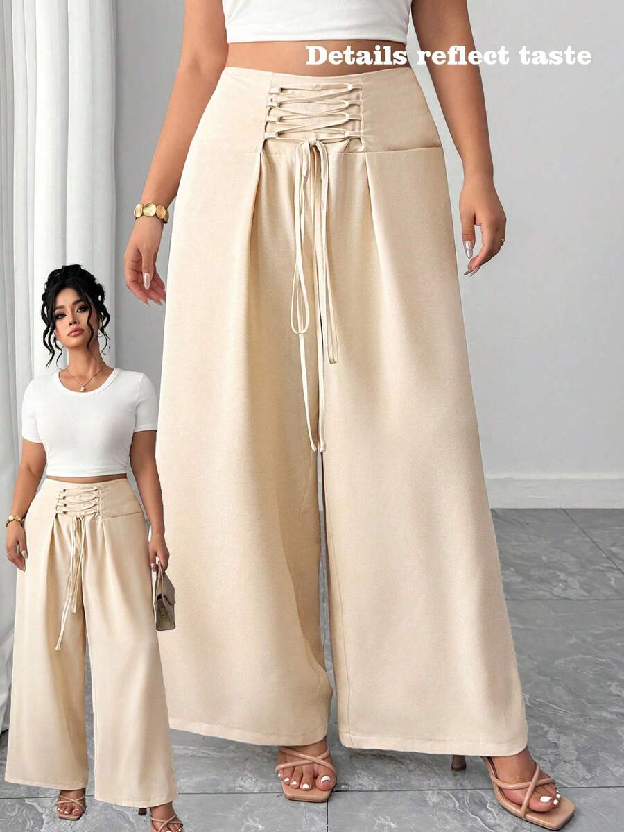 Elenzga 时尚系带开衩纯色直筒大码裤，适合日常穿着、居家、度假、派对、音乐节等各种场合。 - 杏色 - 查看 1