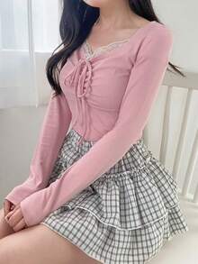 FRIFUL Áo thun dài tay nữ kiểu dáng thường ngày, phối ren phía trước, có dây rút, thích hợp cho mùa xuân/thu. - Hồng - Xem 4