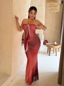 Maria Perezxox Vestido de fiesta de punto y malla con efecto degradado, con escote halter romántico, hebilla metálica decorativa y falda de cola de pez. Adecuado para fiestas, citas, tardes de té, sexy y elegante. - Multicolor - Ver 3