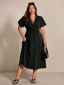 Elaquor Plus Size Women V-Neck Lace Ruffle Fashion Date Party Dress - Black - View 3